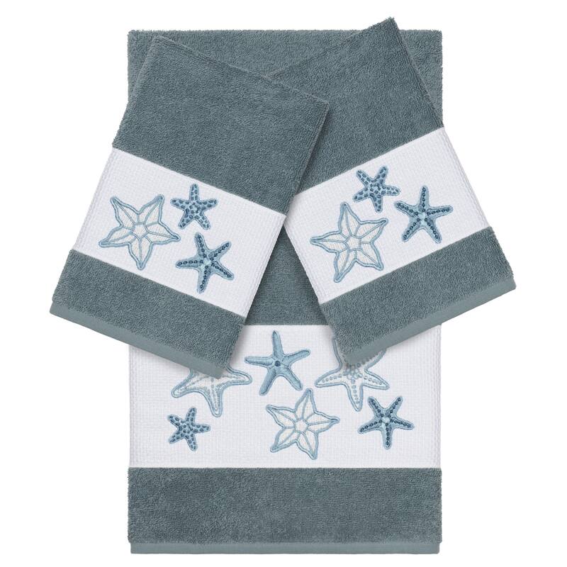 Authentic Hotel and Spa Teal Blue Turkish Cotton Starfish Embroidered 3 piece Towel Set - Teal