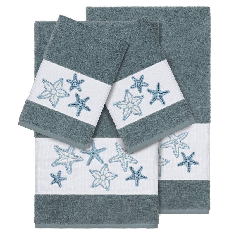 Authentic Hotel and Spa Teal Blue Turkish Cotton Starfish Embroidered 4 piece Towel Set