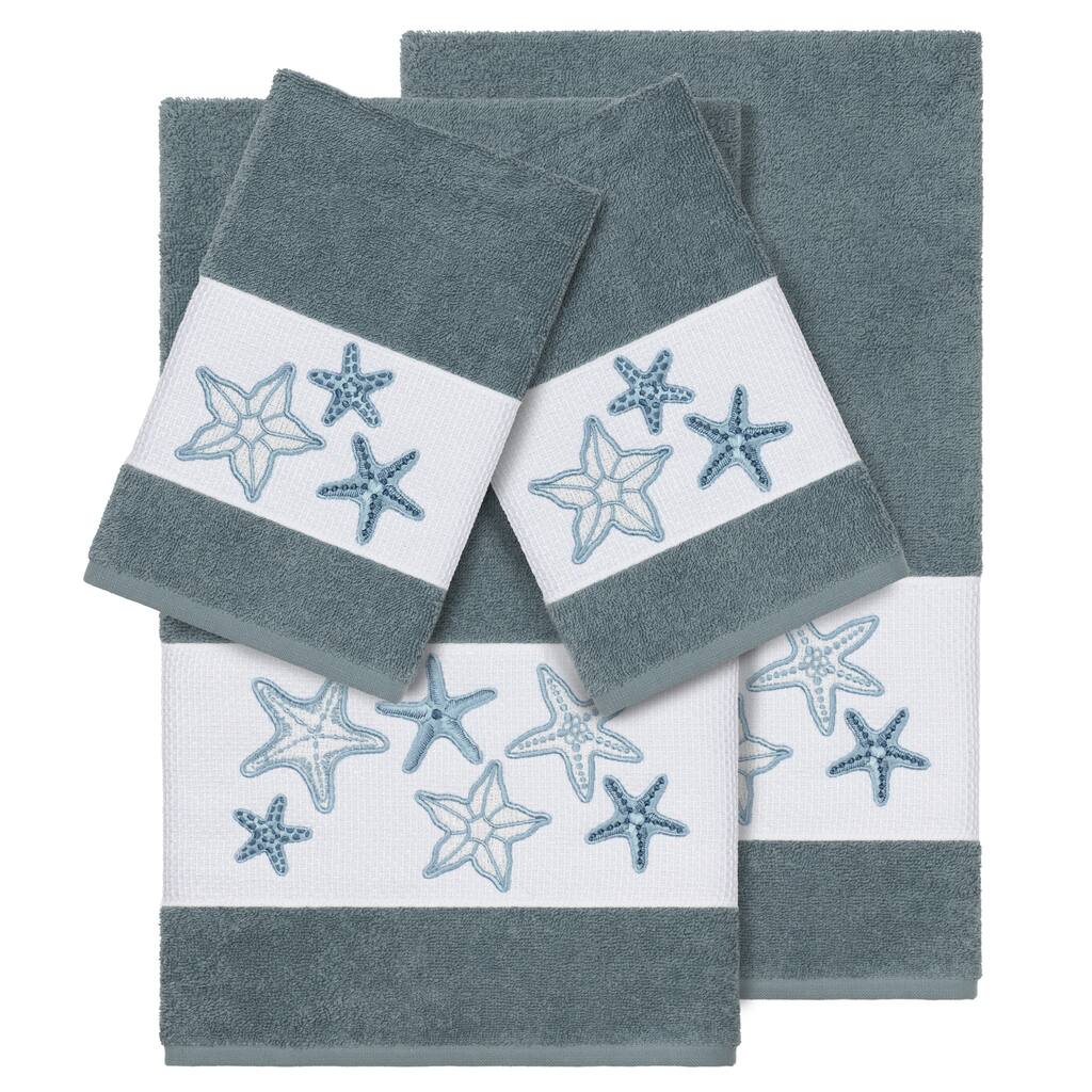 Authentic Hotel and Spa Teal Blue Turkish Cotton Starfish Embroidered 4 piece Towel Set
