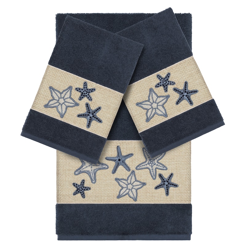 Authentic Hotel and Spa Midnight Blue Turkish Cotton Starfish Embroidered 3 piece Towel Set