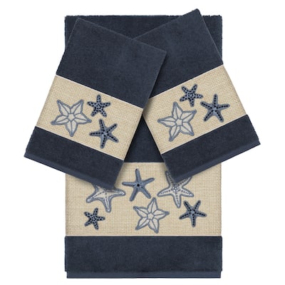 Authentic Hotel and Spa Midnight Blue Turkish Cotton Starfish Embroidered 3 piece Towel Set