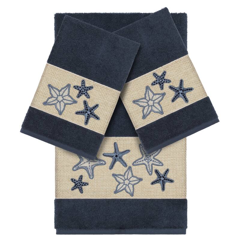Authentic Hotel and Spa Midnight Blue Turkish Cotton Starfish Embroidered 3 piece Towel Set - Navy Blue