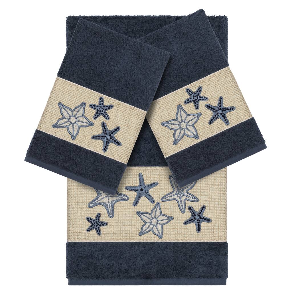 Authentic Hotel and Spa Midnight Blue Turkish Cotton Starfish Embroidered 3 piece Towel Set