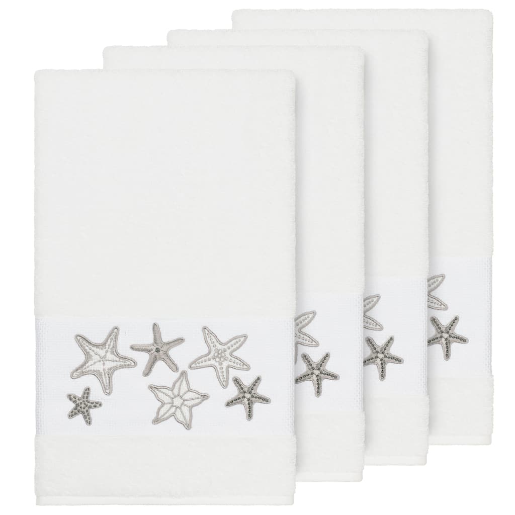 Authentic Hotel and Spa White Turkish Cotton Starfish Embroidered Bath Towels (Set of 4)