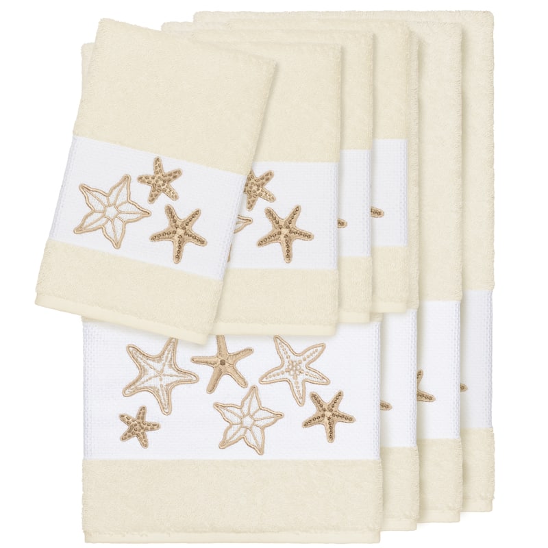 Authentic Hotel and Spa Cream Turkish Cotton Starfish Embroidered 8 piece Towel Set