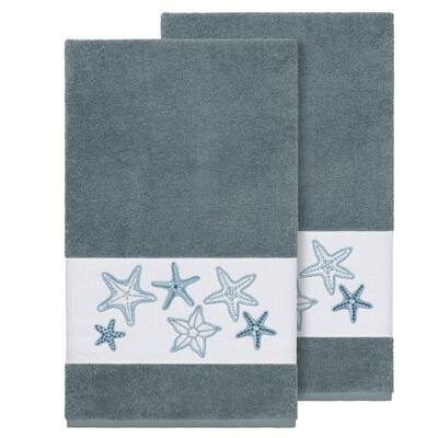 Authentic Hotel and Spa Teal Blue Turkish Cotton Starfish Embroidered Bath Towels (Set of 2)