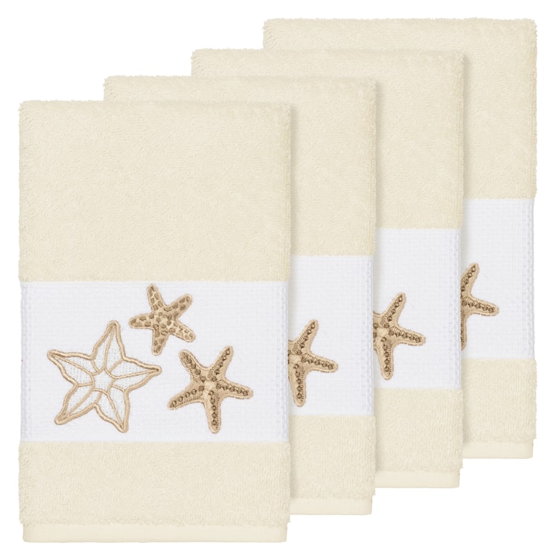 Authentic Hotel and Spa Cream Turkish Cotton Starfish Embroidered Hand Towels (Set of 4)