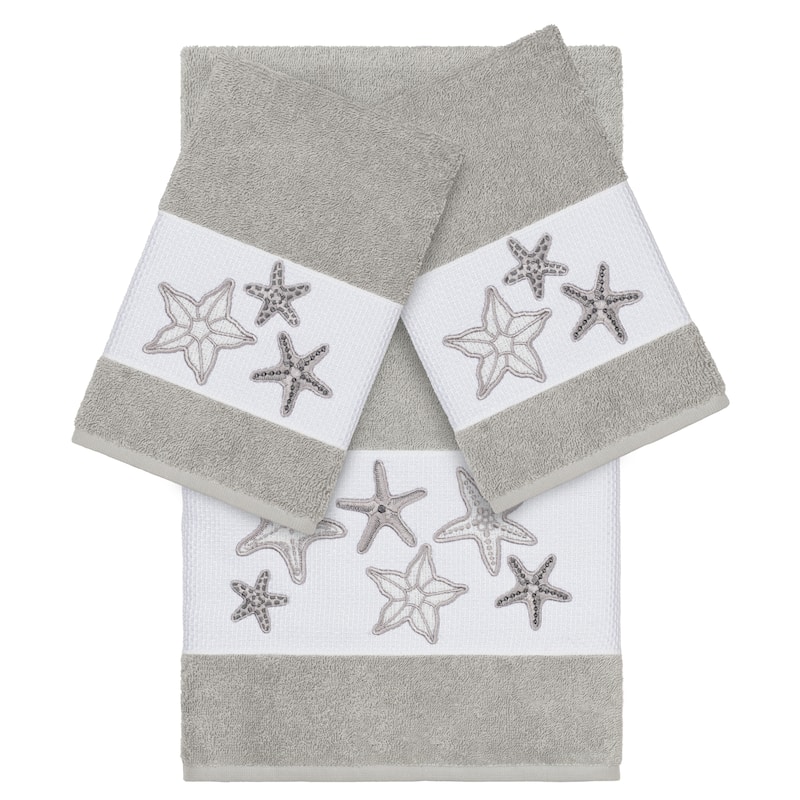 Authentic Hotel and Spa Grey Turkish Cotton Starfish Embroidered 3 piece Towel Set