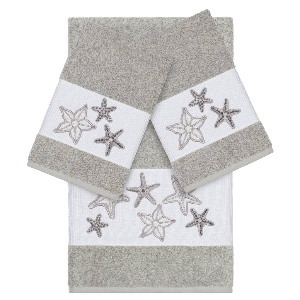 Authentic Hotel and Spa Grey Turkish Cotton Starfish Embroidered 3 piece Towel Set