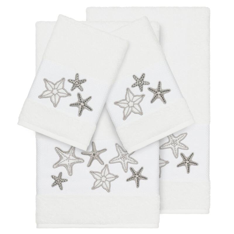 Authentic Hotel and Spa White Turkish Cotton Starfish Embroidered 4 piece Towel Set - White