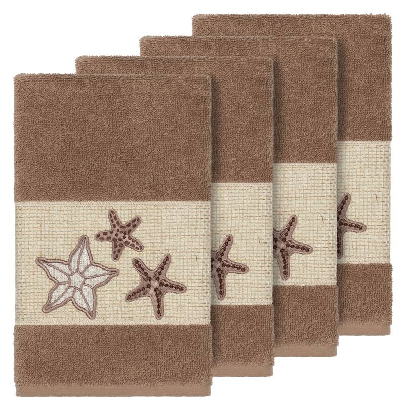 Authentic Hotel and Spa Latte Brown Turkish Cotton Starfish Embroidered Hand Towels (Set of 4)