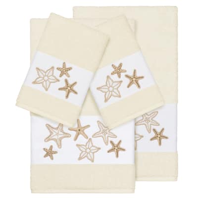 Authentic Hotel and Spa Cream Turkish Cotton Starfish Embroidered 4 piece Towel Set