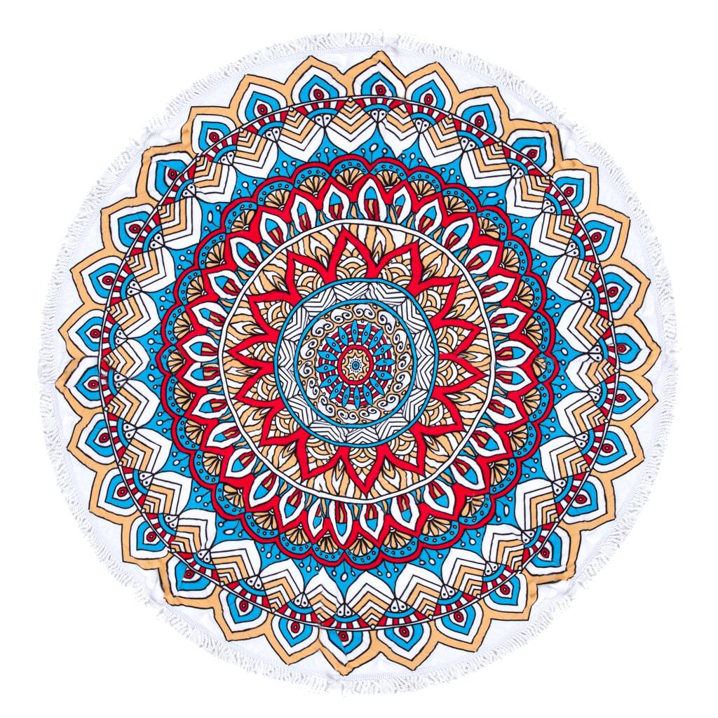 Mandala Round Beach Towel, Circle Beach Towel with Fringe Red Blue