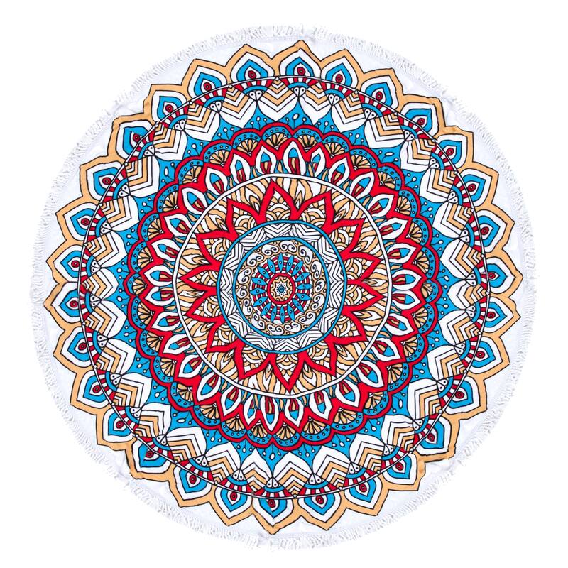 Mandala Round Beach Towel, Circle Beach Towel with Fringe Red Blue
