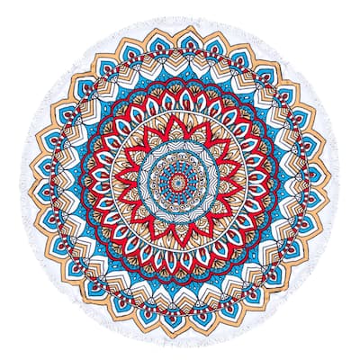 Mandala Round Beach Towel, Circle Beach Towel with Fringe Red Blue