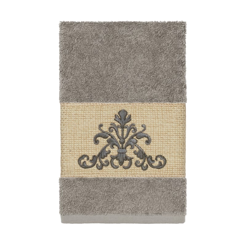 Authentic Hotel and Spa Grey Turkish Cotton Scrollwork Embroidered Hand Towel