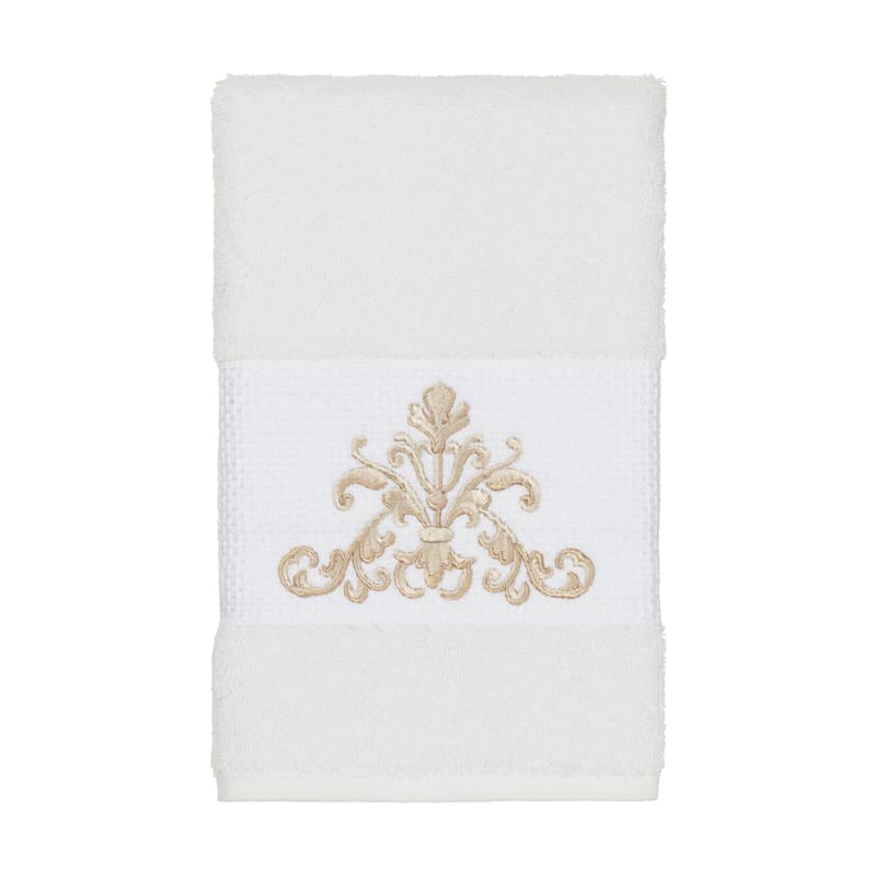 Authentic Hotel and Spa White Turkish Cotton Scrollwork Embroidered Hand Towel