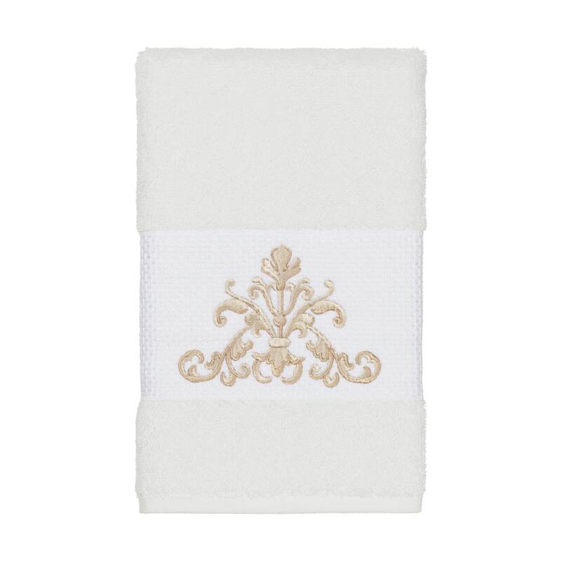 Authentic Hotel and Spa White Turkish Cotton Scrollwork Embroidered Hand Towel
