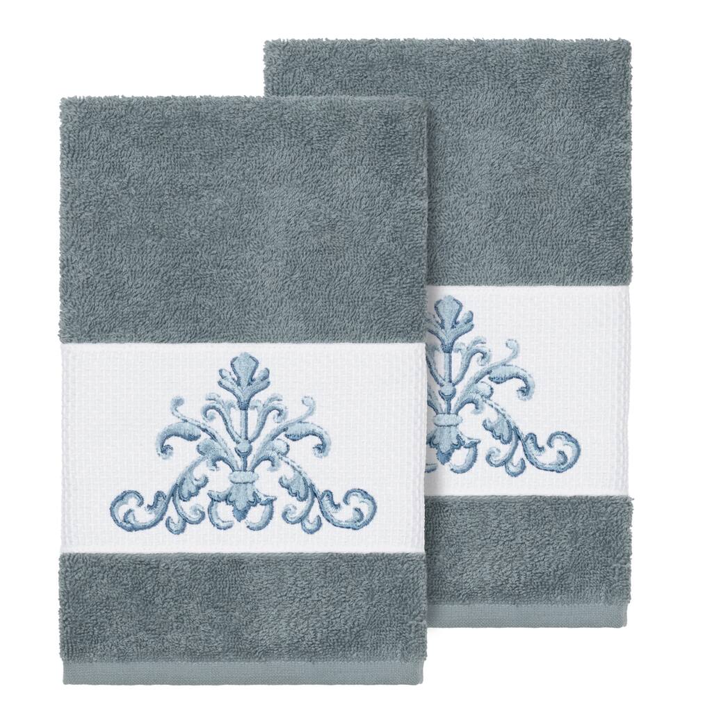 Authentic Hotel and Spa Teal Blue Turkish Cotton Scrollwork Embroidered Hand Towels (Set of 2)