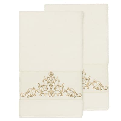 Authentic Hotel and Spa Cream Turkish Cotton Scrollwork Embroidered Bath Towels (Set of 2)