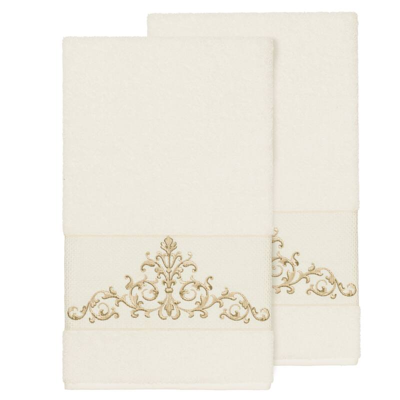 Authentic Hotel and Spa Cream Turkish Cotton Scrollwork Embroidered Bath Towels (Set of 2)