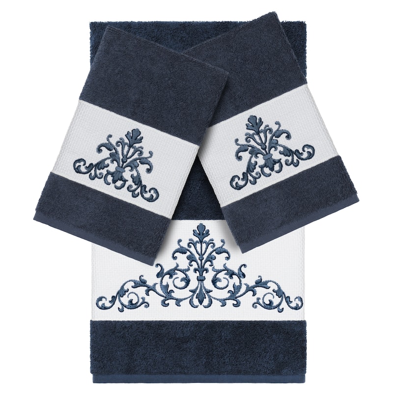 Authentic Hotel and Spa Midnight Blue Turkish Cotton Scrollwork Embroidered 3 piece Towel Set
