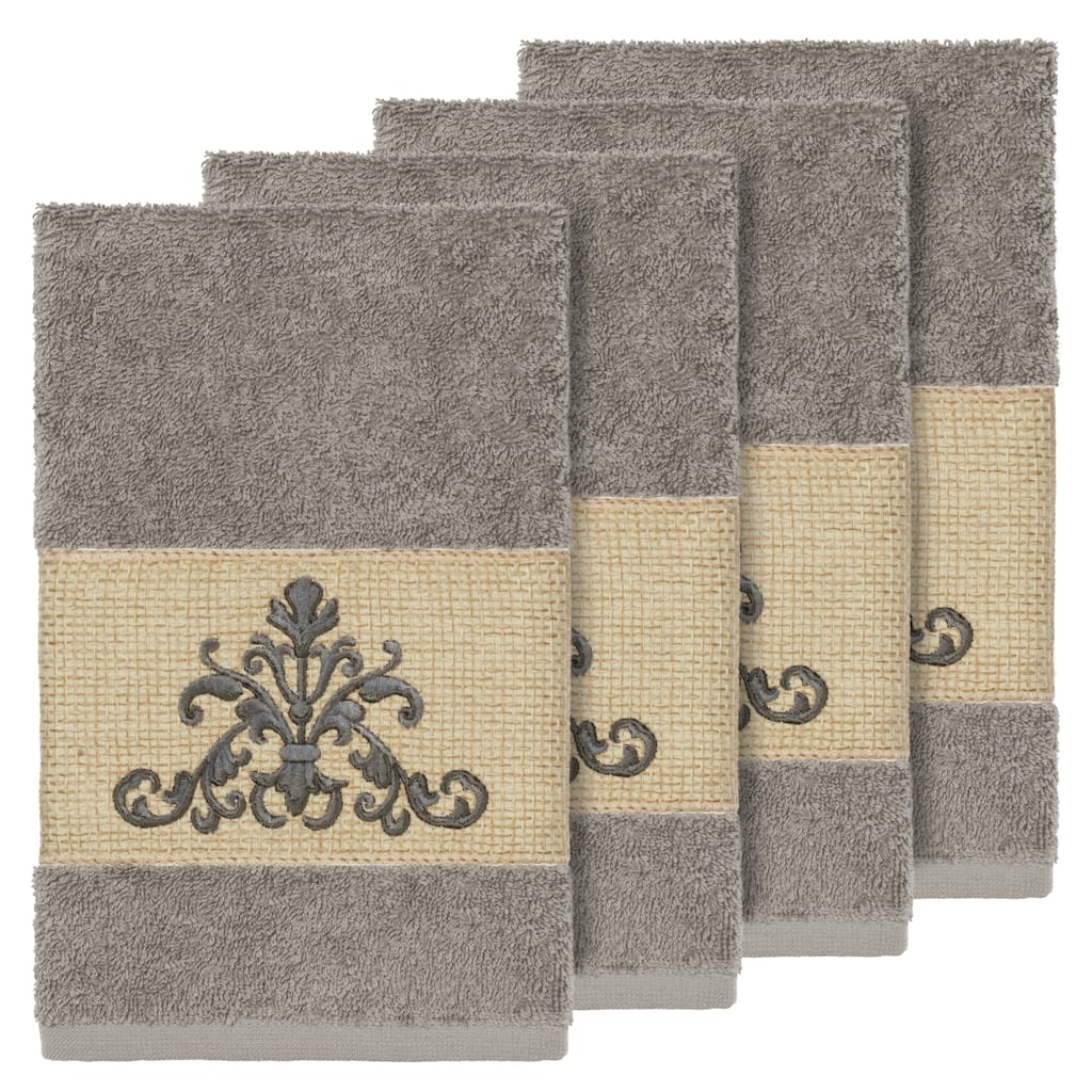 Authentic Hotel and Spa Grey Turkish Cotton Scrollwork Embroidered Hand Towels (Set of 4)
