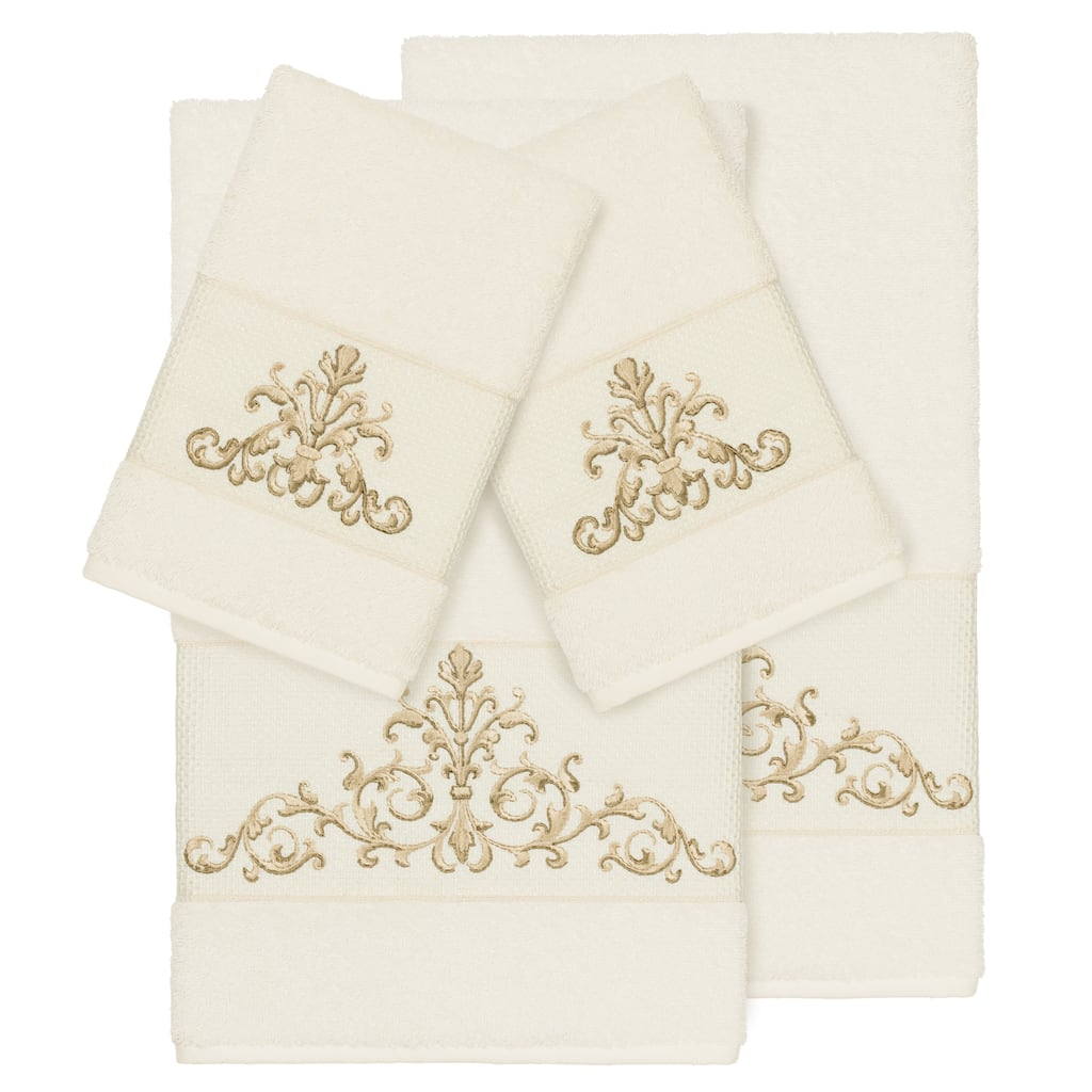 Authentic Hotel and Spa Cream Turkish Cotton Scrollwork Embroidered 4 piece Towel Set