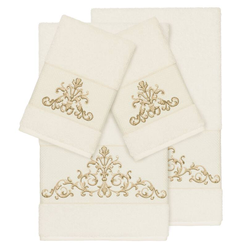 Authentic Hotel and Spa Cream Turkish Cotton Scrollwork Embroidered 4 piece Towel Set