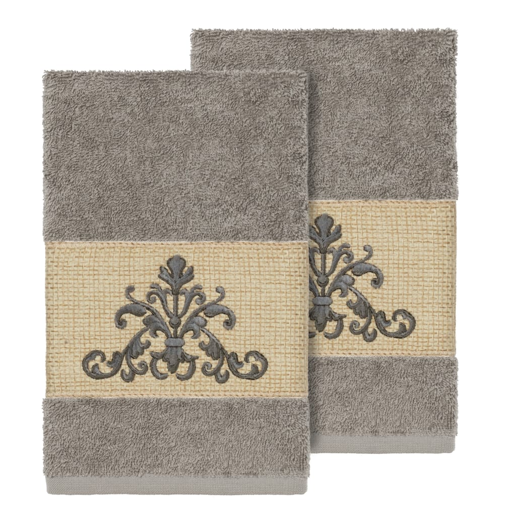 Authentic Hotel and Spa Grey Turkish Cotton Scrollwork Embroidered Hand Towels (Set of 2)