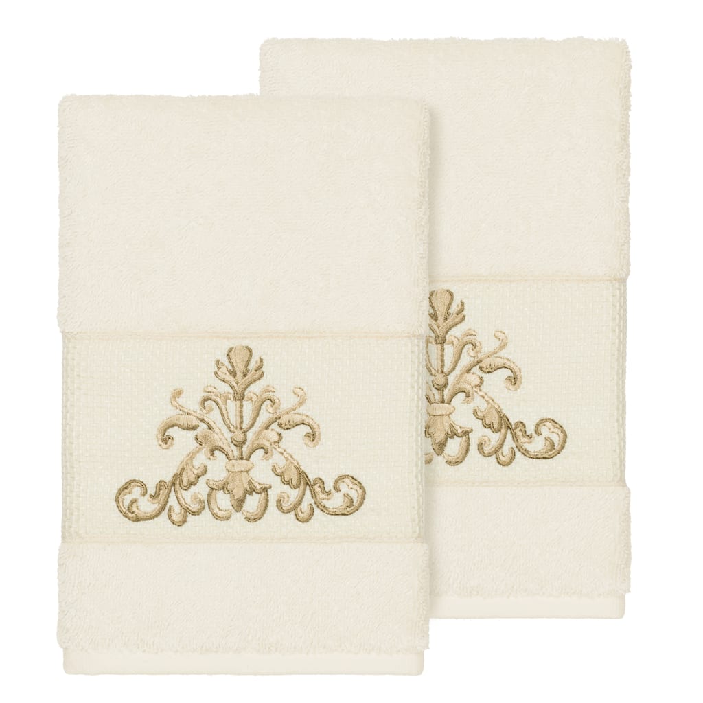 Authentic Hotel and Spa Cream Turkish Cotton Scrollwork Embroidered Hand Towels (Set of 2)