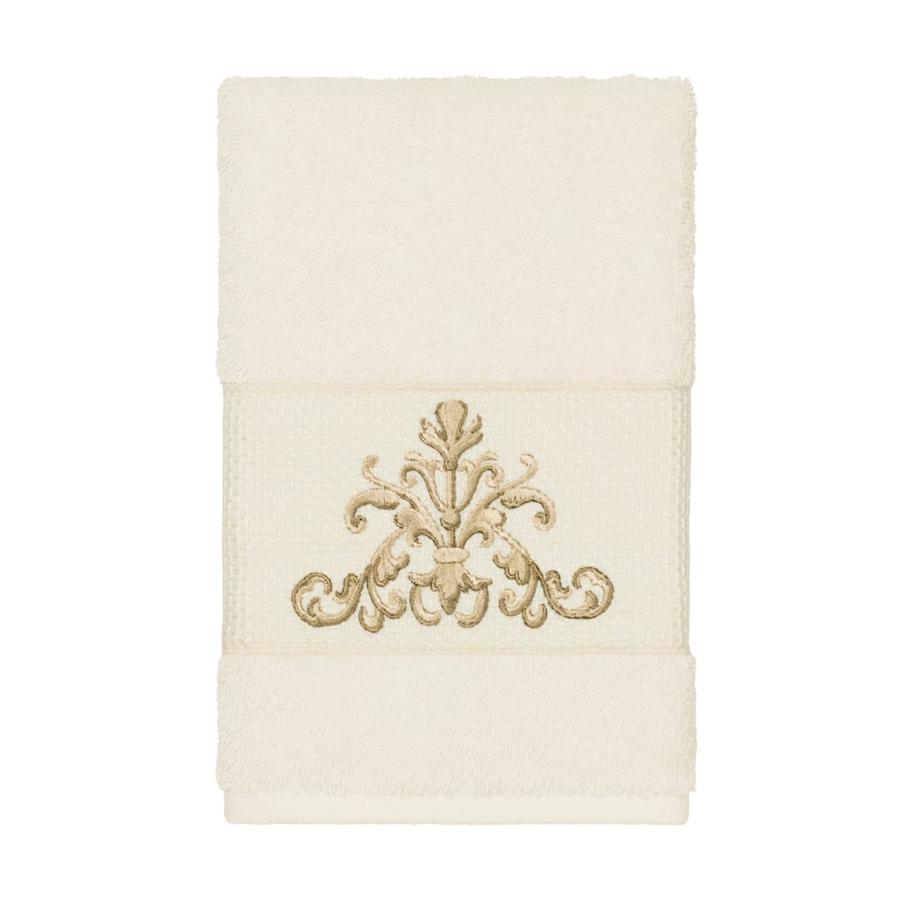 Authentic Hotel and Spa Cream Turkish Cotton Scrollwork Embroidered Hand Towel