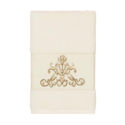 Authentic Hotel and Spa Cream Turkish Cotton Scrollwork Embroidered Hand Towel