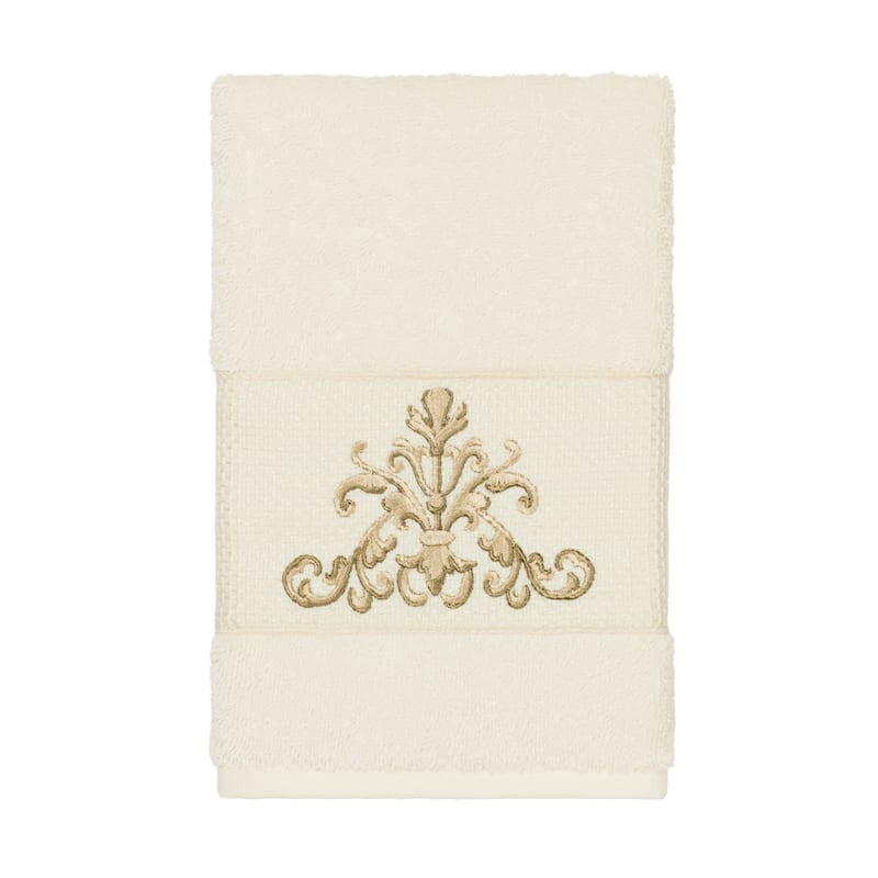 Authentic Hotel and Spa Cream Turkish Cotton Scrollwork Embroidered Hand Towel