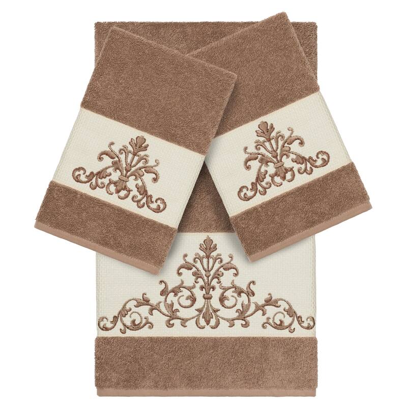Authentic Hotel and Spa Latte Brown Turkish Cotton Scrollwork Embroidered 3 piece Towel Set