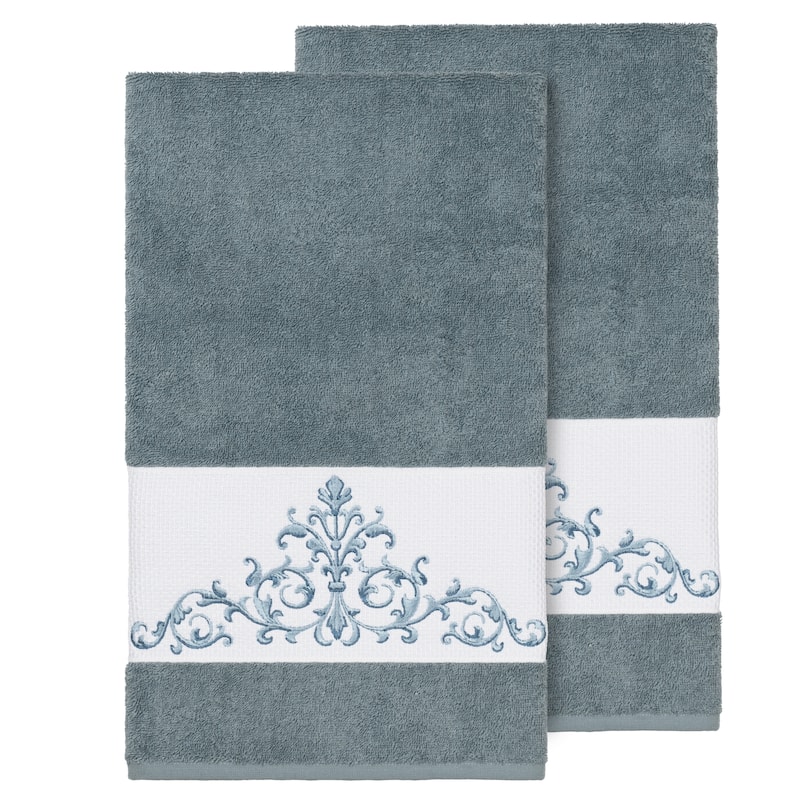 Authentic Hotel and Spa Teal Blue Turkish Cotton Scrollwork Embroidered Bath Towels (Set of 2)