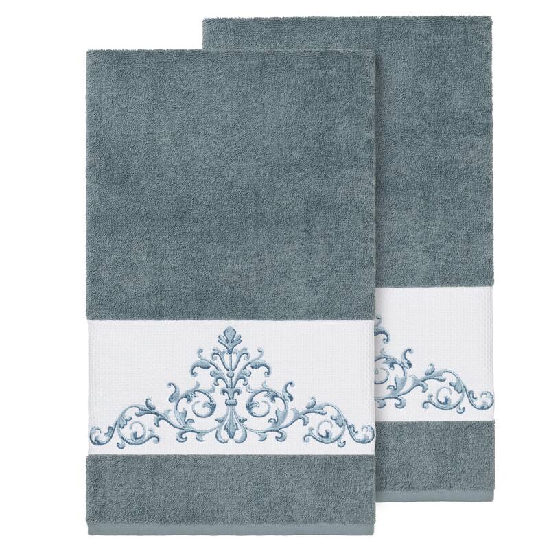 Authentic Hotel and Spa Teal Blue Turkish Cotton Scrollwork Embroidered Bath Towels (Set of 2)