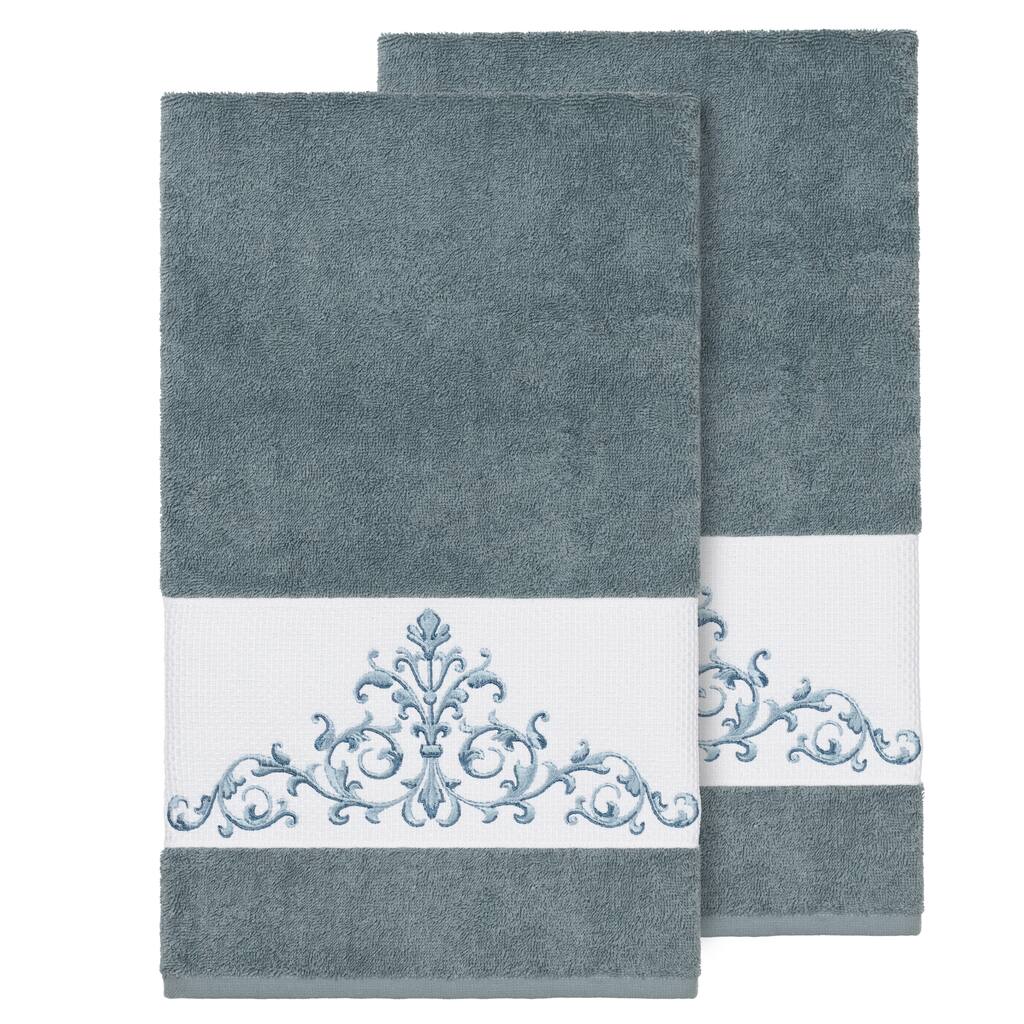 Authentic Hotel and Spa Teal Blue Turkish Cotton Scrollwork Embroidered Bath Towels (Set of 2)
