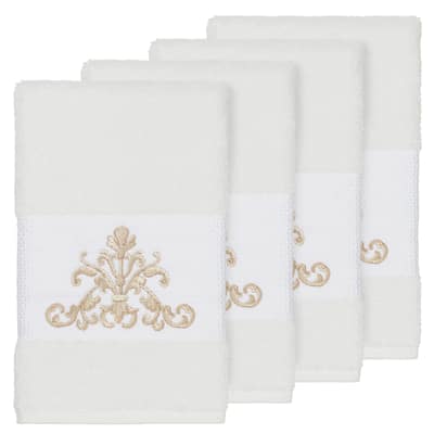 Authentic Hotel and Spa White Turkish Cotton Scrollwork Embroidered Hand Towels (Set of 4)