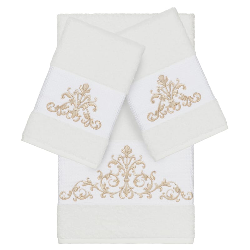 Authentic Hotel and Spa White Turkish Cotton Scrollwork Embroidered 3 piece Towel Set