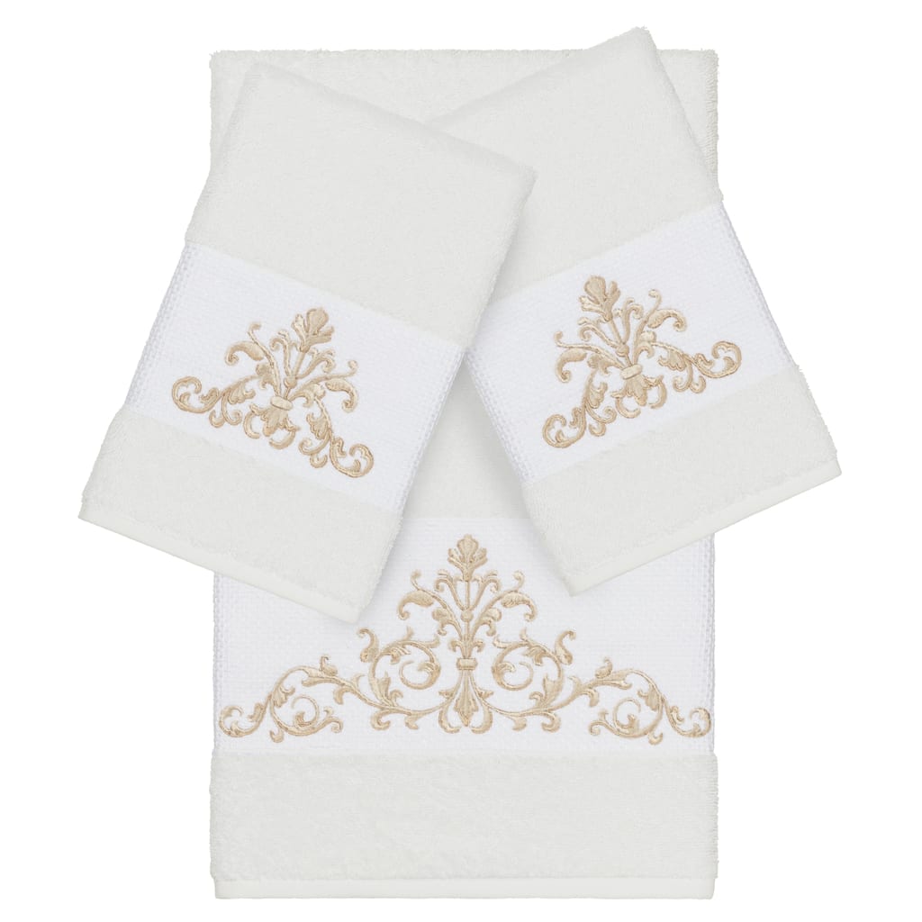 Authentic Hotel and Spa White Turkish Cotton Scrollwork Embroidered 3 piece Towel Set