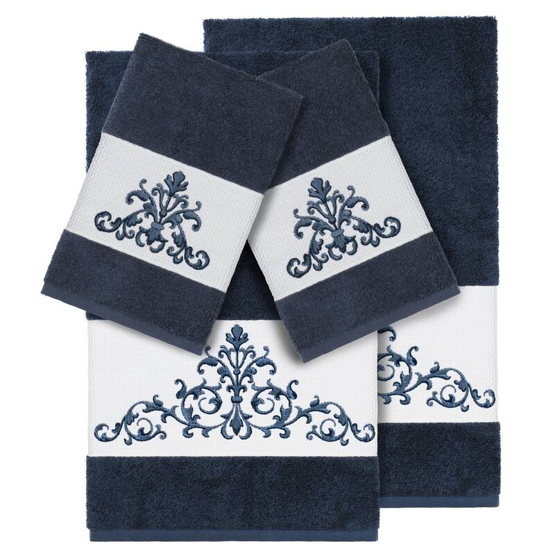 Authentic Hotel and Spa Midnight Blue Turkish Cotton Scrollwork Embroidered 4 piece Towel Set