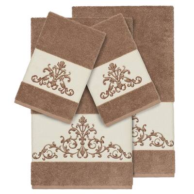Authentic Hotel and Spa Latte Brown Turkish Cotton Scrollwork Embroidered 4 piece Towel Set