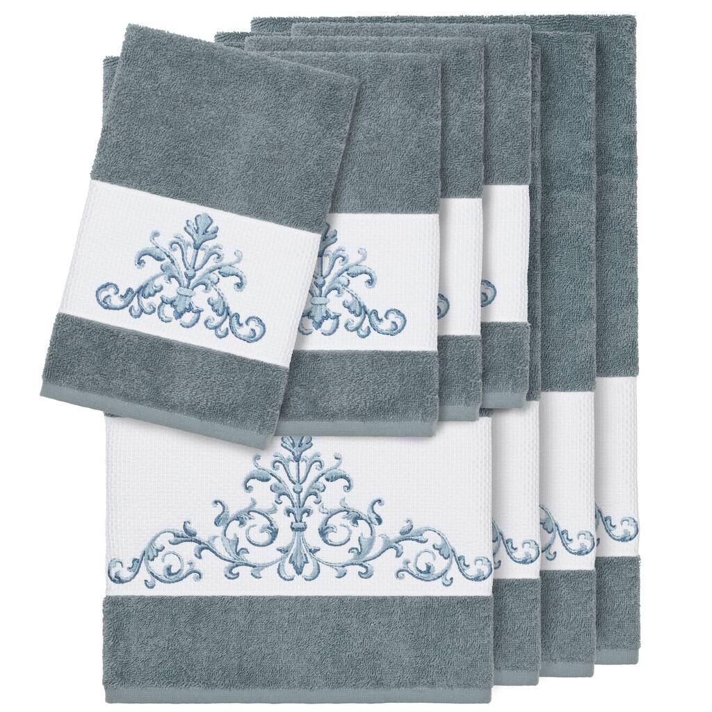 Authentic Hotel and Spa Teal Blue Turkish Cotton Scrollwork Embroidered 8 piece Towel Set