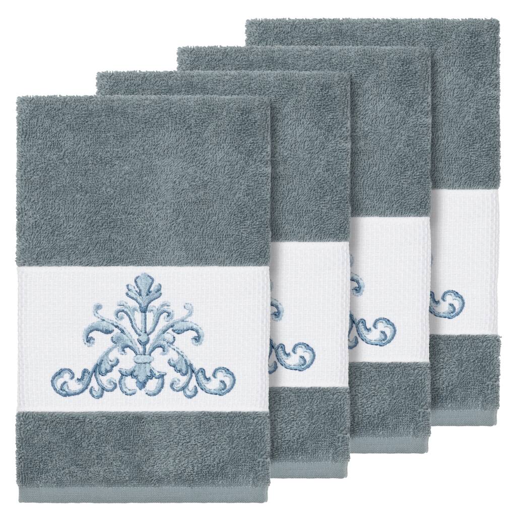 Authentic Hotel and Spa Teal Blue Turkish Cotton Scrollwork Embroidered Hand Towels (Set of 4)