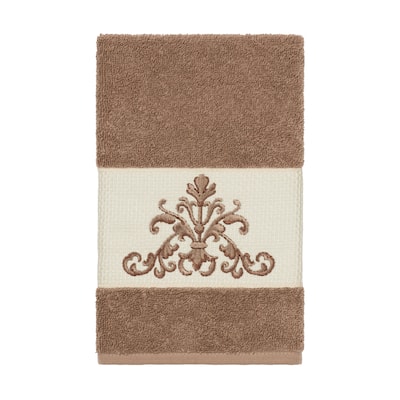 Authentic Hotel and Spa Latte Brown Turkish Cotton Scrollwork Embroidered Hand Towel