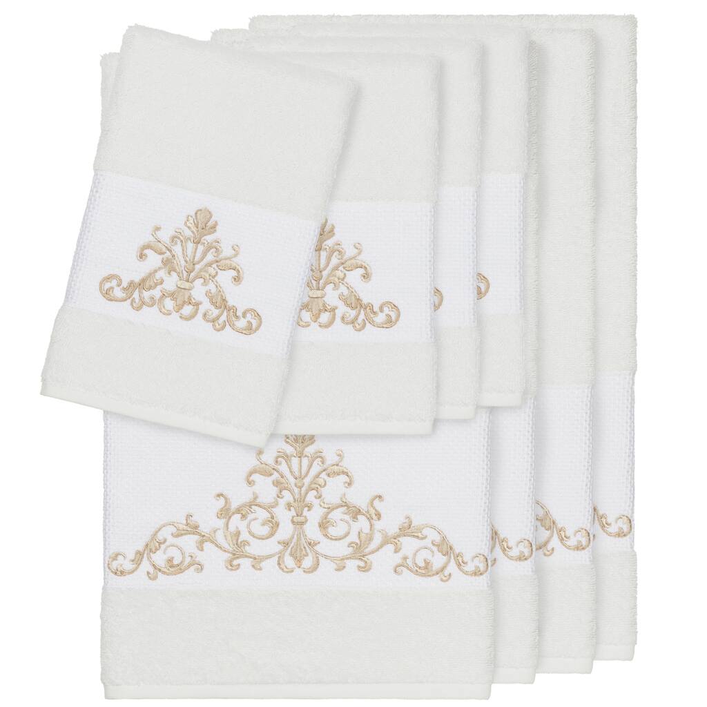 Authentic Hotel and Spa White Turkish Cotton Scrollwork Embroidered 8 piece Towel Set