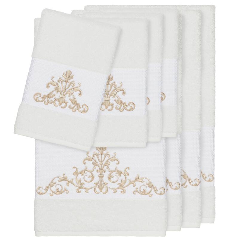 Authentic Hotel and Spa White Turkish Cotton Scrollwork Embroidered 8 piece Towel Set - White