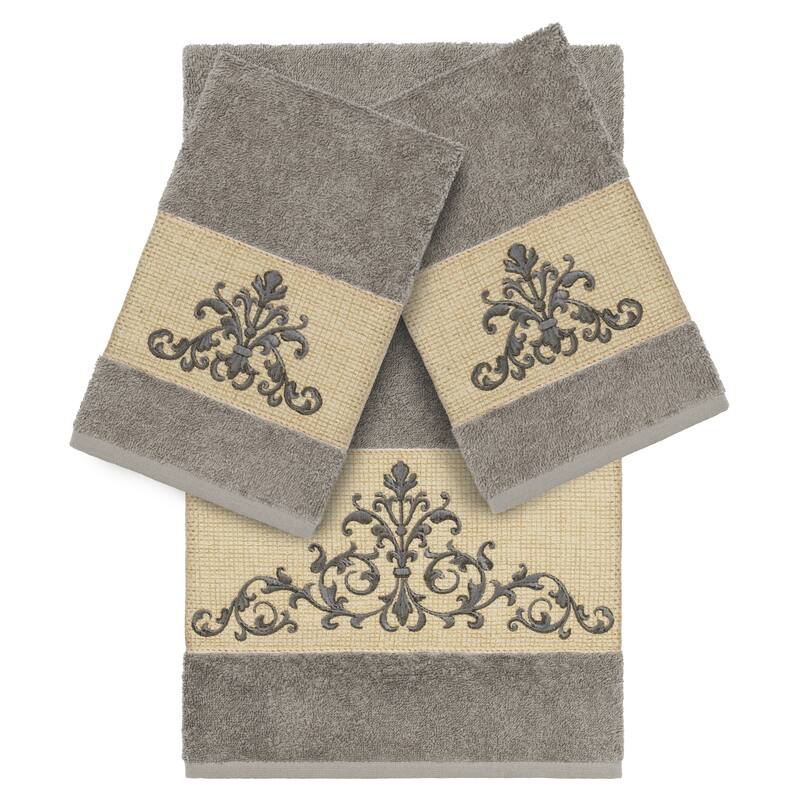 Authentic Hotel and Spa Grey Turkish Cotton Scrollwork Embroidered 3 piece Towel Set - Grey