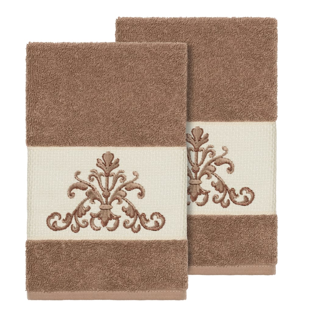 Authentic Hotel and Spa Latte Brown Turkish Cotton Scrollwork Embroidered Hand Towels (Set of 2)